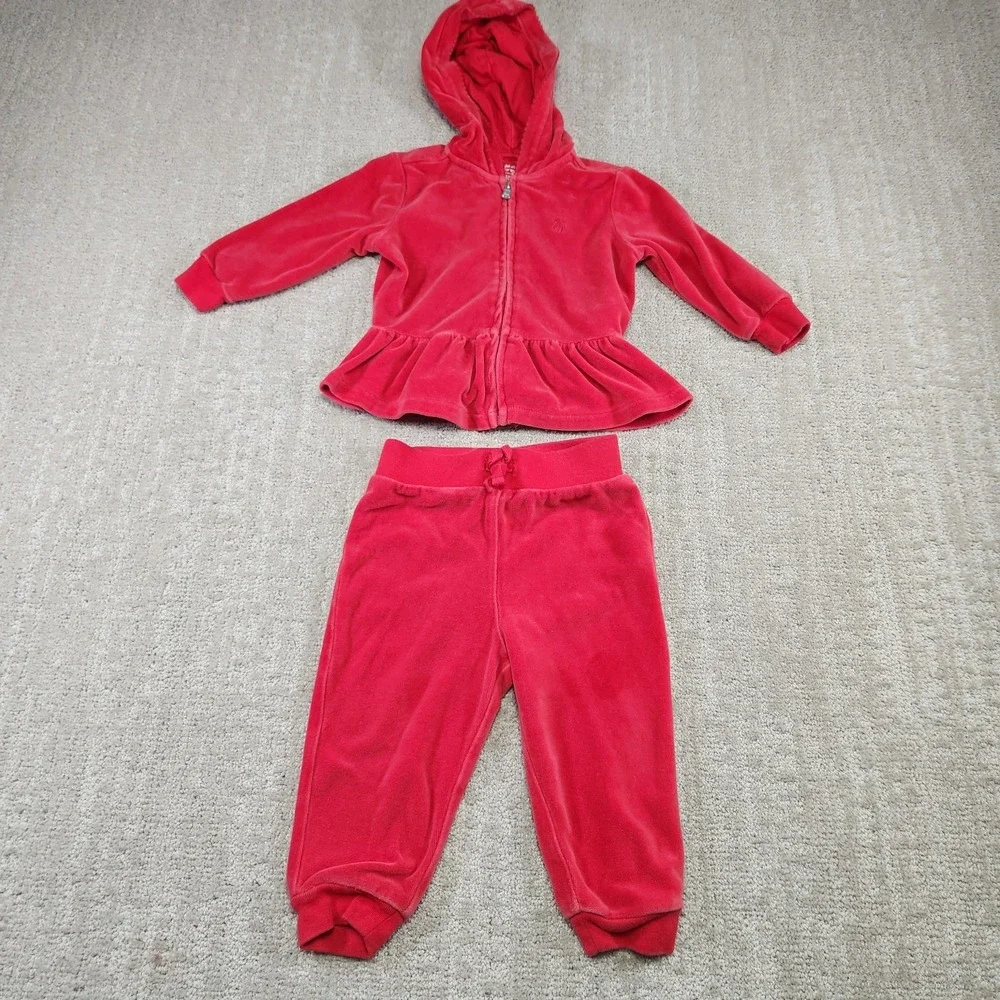 Ralph Lauren Track Suit Baby 12 Months Red Velour Hoodie Full Zip Joggers Infant